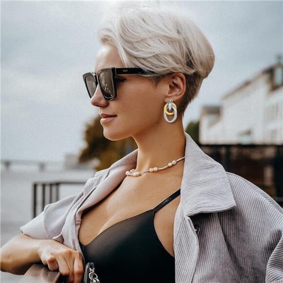 Two-Tone Geometric Link Earrings | Chunky Minimalist Gold & Silver Dangles - Picture 2 of 5